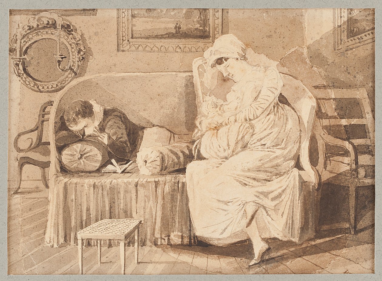 Tři na pohovce, 1805 (wc na papíře) od John Harden