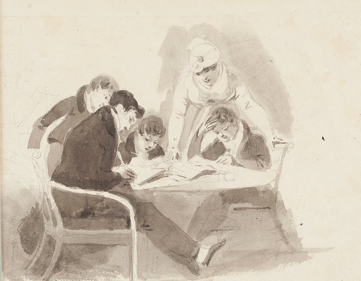 Dva chlapci dělají domácí úkoly, 1811 (wc na papíře) od John Harden