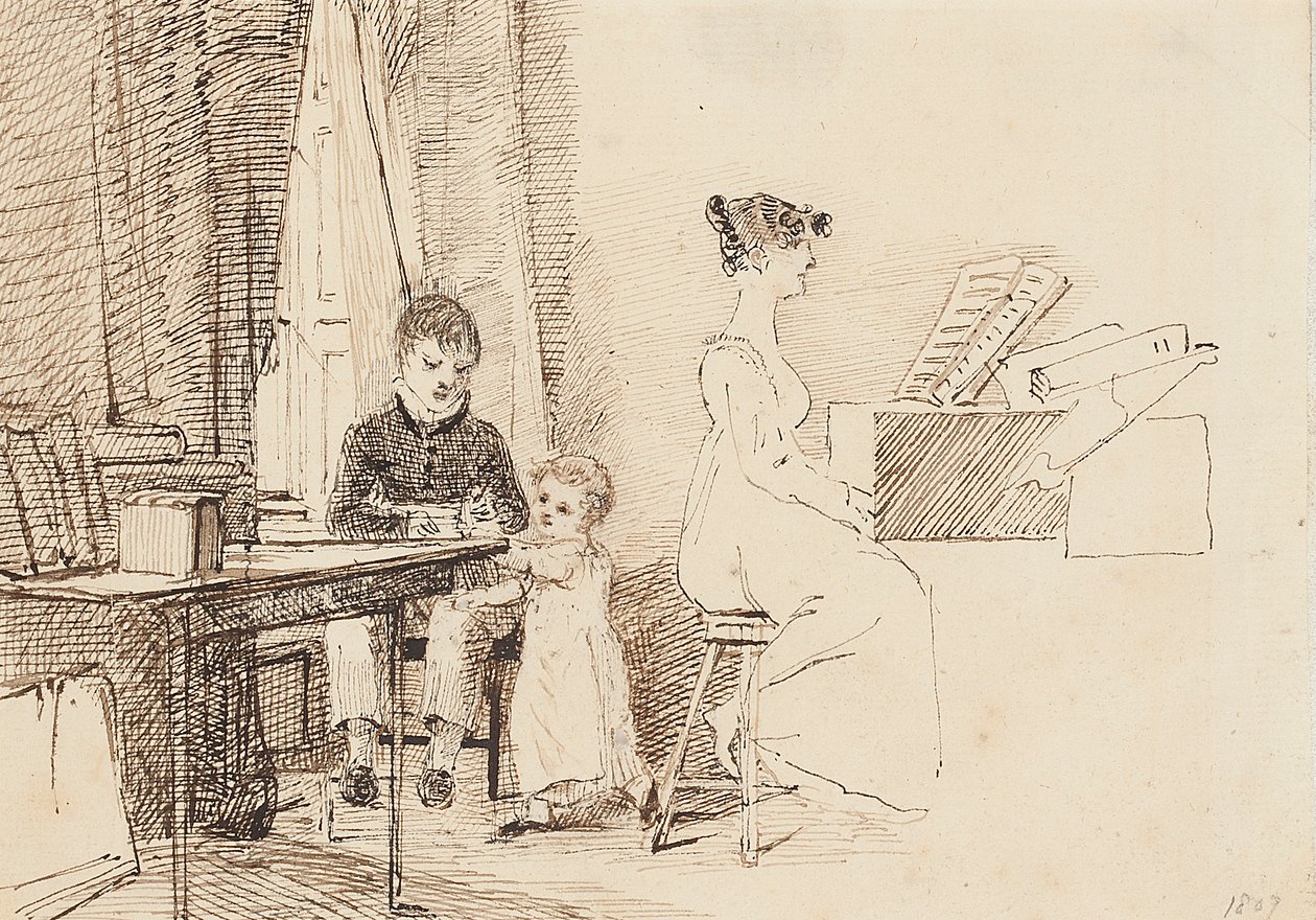 Dvě děti a žena u klavíru, 1807 od John Harden
