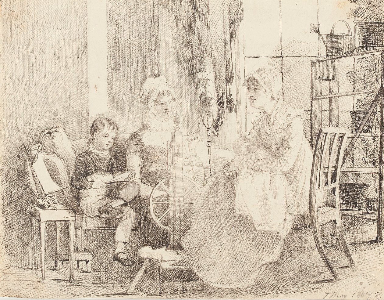 Ženy u kolovratu a chlapec s lodičkou, 1807 od John Harden
