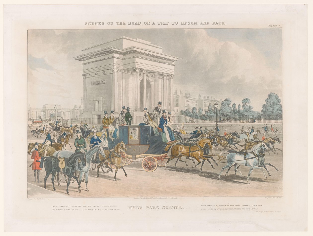 Pohled na ulici a Wellington Arch v Hyde Park Corner Hye Park Corner (název na objektu) Streetscapes kolem Epsom (název série) Scény na cestách nebo výlet do Epsomu a zpět (název seriálu) od John Harris