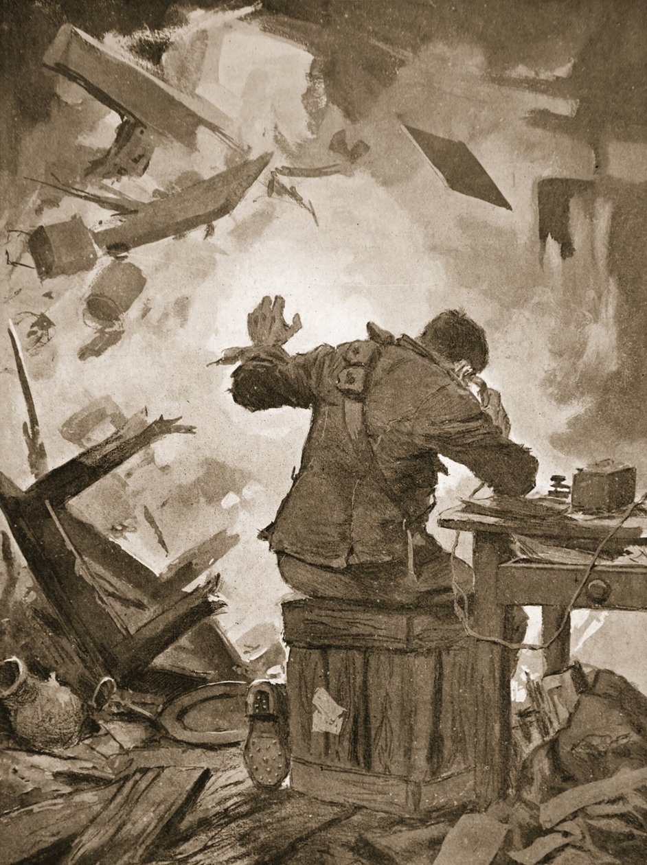 Bombardier French dokončuje svou zprávu poté, co granát prošel místností, ve které telefonoval (litho) od John Harris Valda