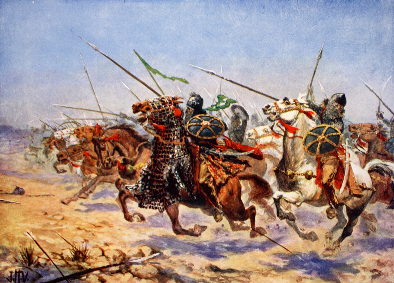 Útočící kavalérie Shahrbaraz, ilustrace z „Hutchinsonových dějin národů“, 1915 od John Harris Valda