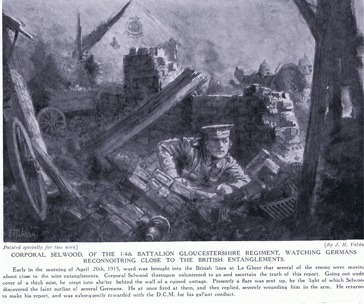 Desátník Selwood získal DCM za sledování Němců při průzkumu v blízkosti britských zápletek v Le Gheer v dubnu 1915 od John Harris Valda