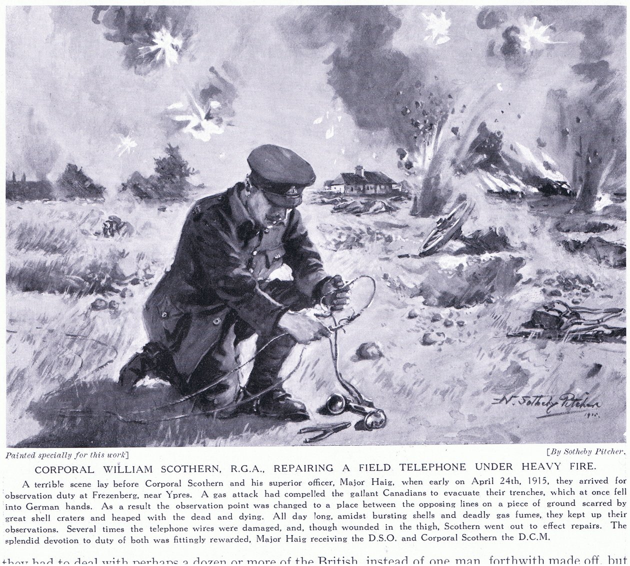 Desátník William Scothern RGA opravuje polní telefon pod těžkou palbou, byl vyznamenán DCM Ypres květen 1915 od John Harris Valda