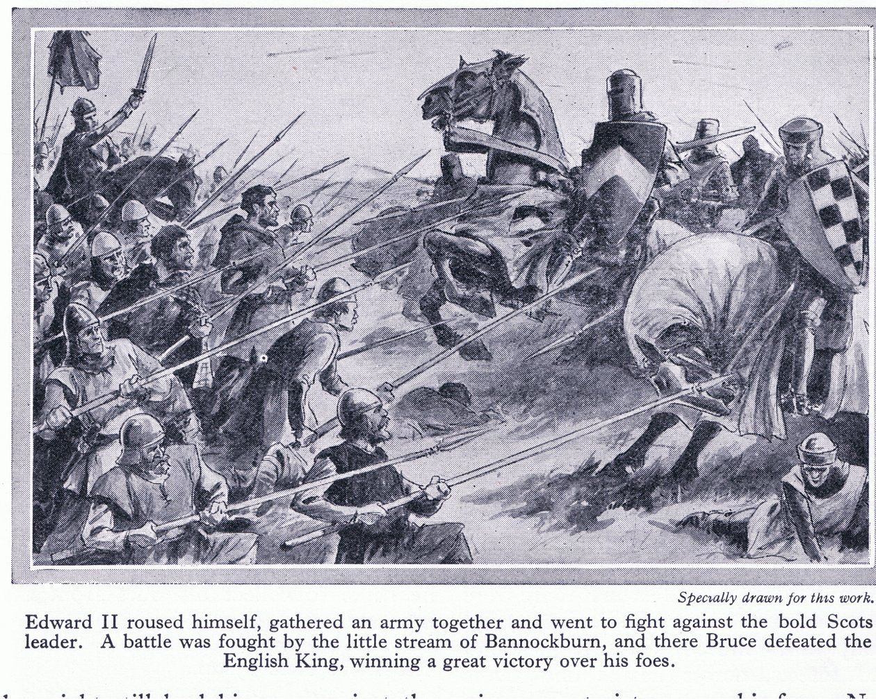 Edward II. shromáždil armádu a svedl bitvu u Bannockburnu v roce 1314 našeho letopočtu, kde Bruce porazil Angličany, kolem roku 1950 od John Harris Valda