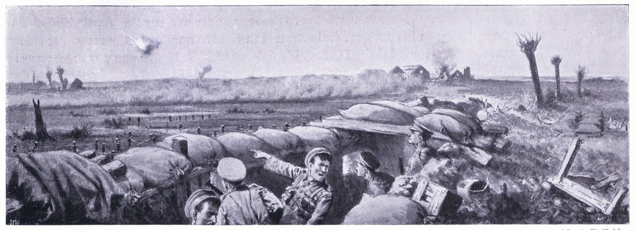 Plynový útok na zákopy 2. Lancashire Fusiliers, při kterém vojín Lyn přišel o život, ale vyhrál VC. Ypres dubna 1915 od John Harris Valda