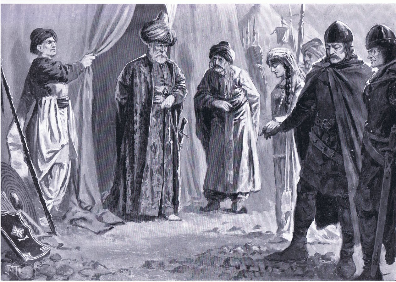 Ivan Shishman III doručí svou sestru sultánovi Muradovi I., AD1366, z Hutchinsonových dějin národů (svazek 4) vydaných Hutchinsonem, c. 1920 (litho) od John Harris Valda