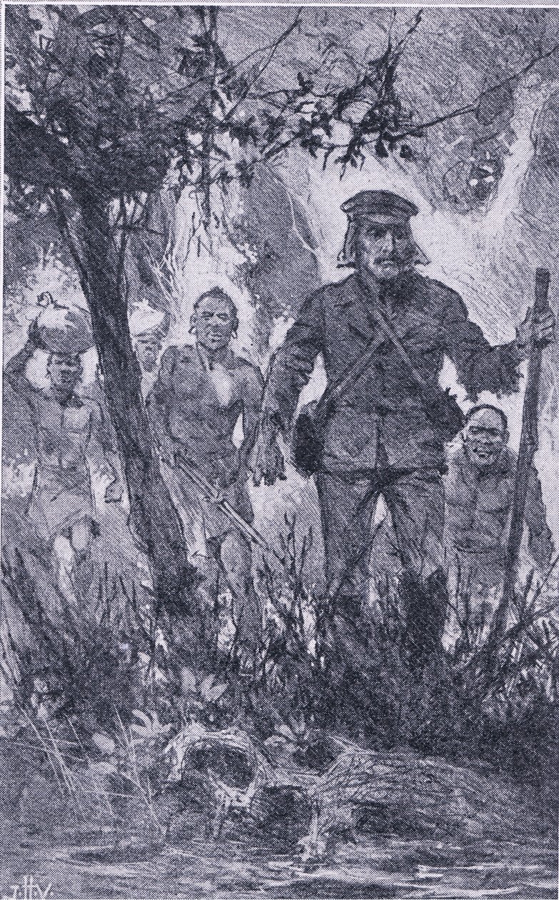Livingstone střílel na lva, ale lev na něj zaútočil a kousl ho do ramene a zlomil mu levou paži, Newnes Pictorial Knowledge publikované Newnesem, kolem 50. let (litho) od John Harris Valda