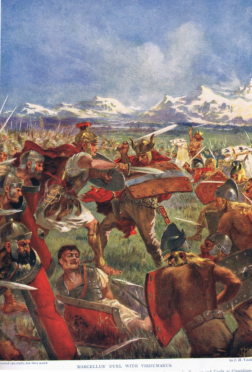 Marcellusův souboj s Virdumarem, ilustrace z „Hutchinsonových dějin národů“, počátek 20. století od John Harris Valda