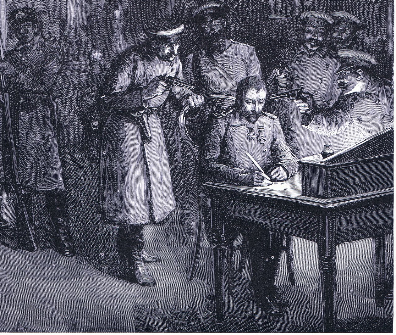 Princ Alexander podepisuje svou abdikaci 1886, ilustrace z Hutchinsons History of the Nations VOL 4 c.1920s od John Harris Valda