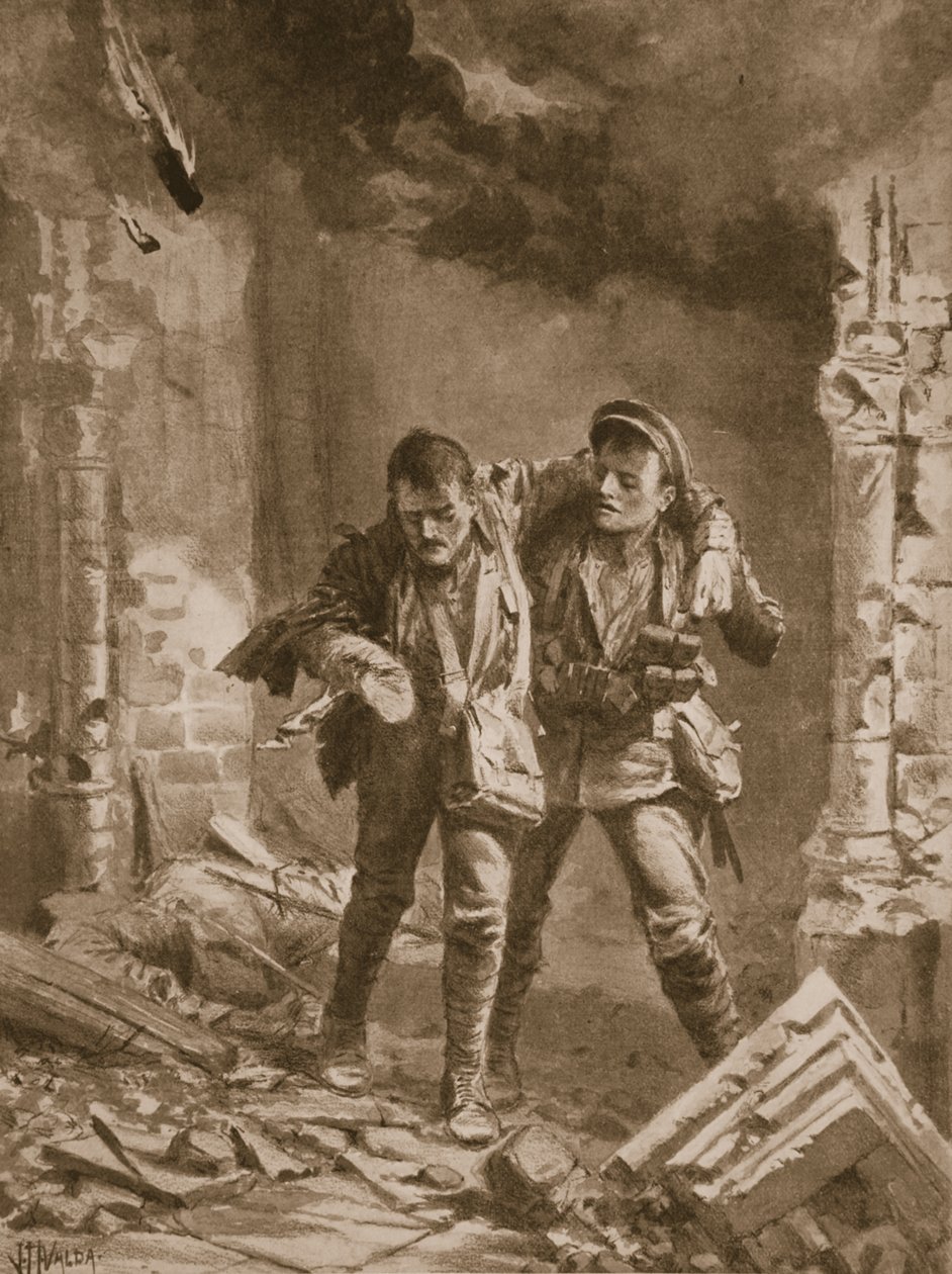 Vojín A.E. Walker pomáhá zraněnému kamarádovi z hořícího kostela, který byl používán jako nemocnice od John Harris Valda
