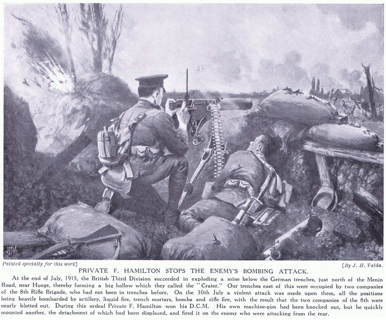 Vojín F Hamilton vyznamenal DCM zastavením nepřátelského bombardovacího útoku v červenci 1915 na Hooge od John Harris Valda