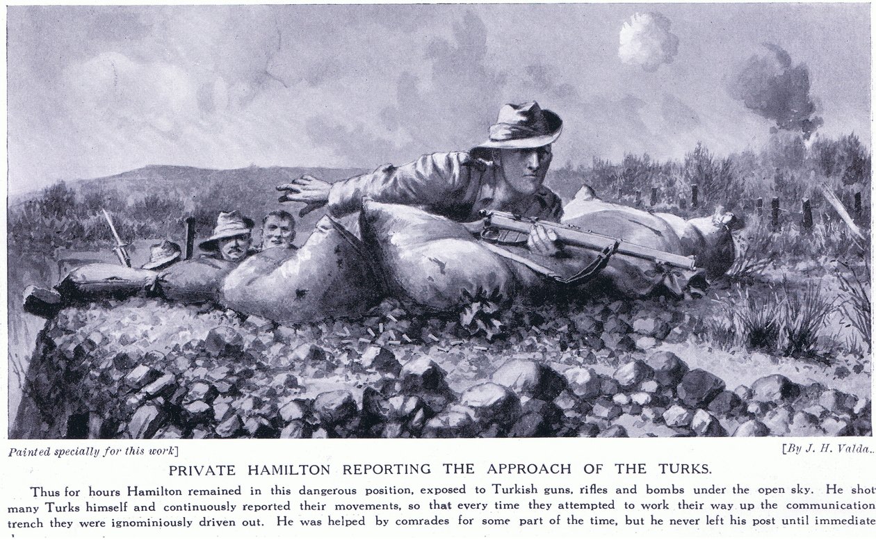Vojín Hamilton hlásí přiblížení Turků k poloostrovu Gallipoli srpen 1915 od John Harris Valda