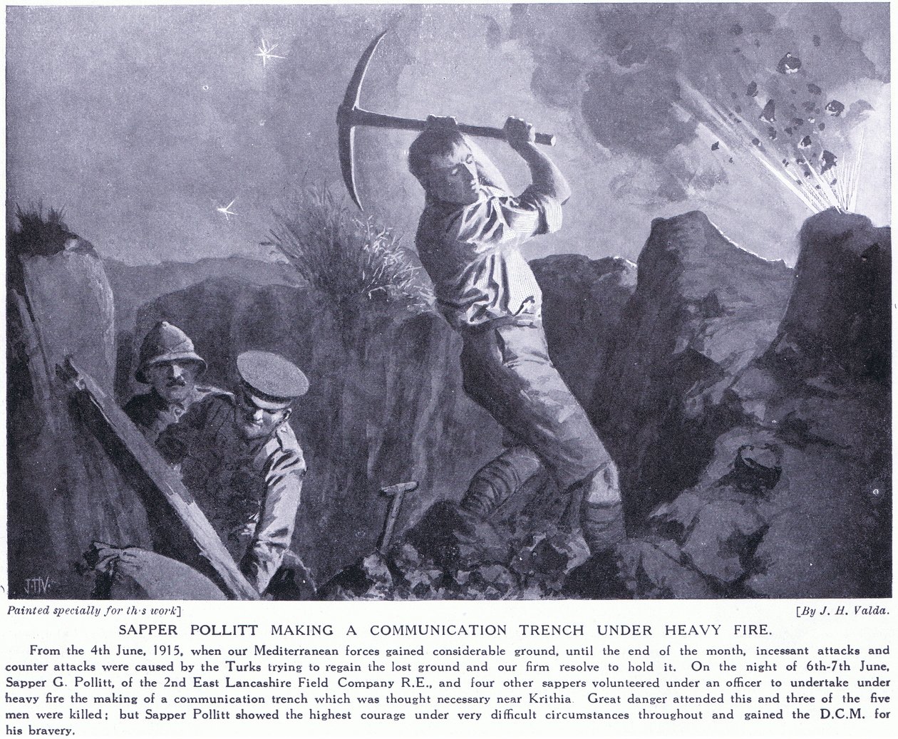 Sapér Pollitt vytváří komunikační zákop pod těžkou palbou na poloostrově Gallipoli červen 1915 od John Harris Valda