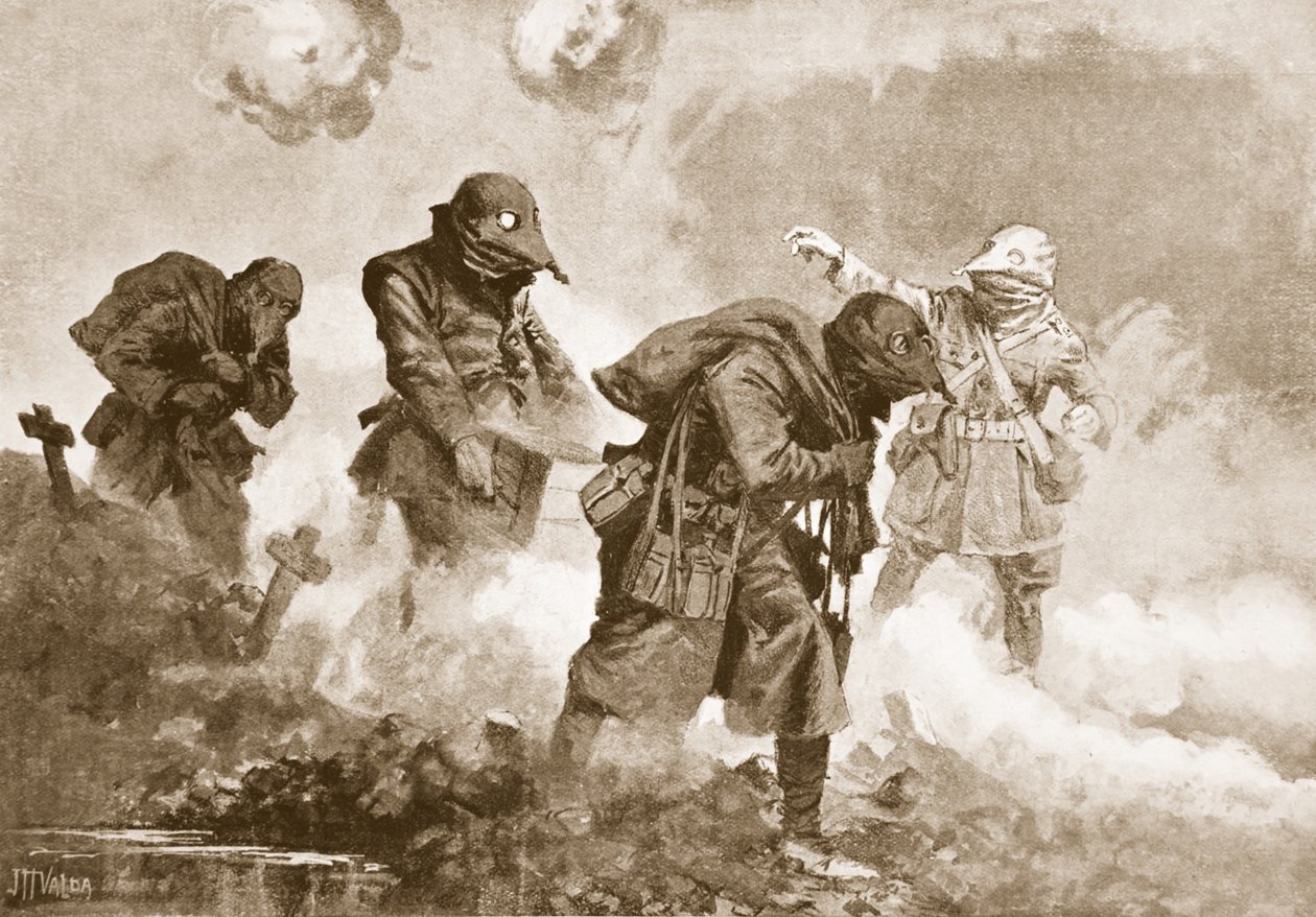 Druhý poručík (dočasný kapitán) E.M. Allfrey řídí dodávky munice, přídělů a vody vojákům v akci během plynového útoku od John Harris Valda