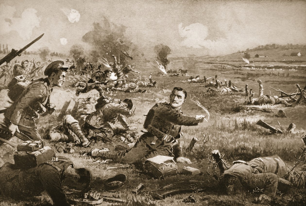 Seržant B.C. Shea se shromáždil a povzbudil muže svého pluku poté, co byli vážně zraněni v Rouges Bancs od John Harris Valda