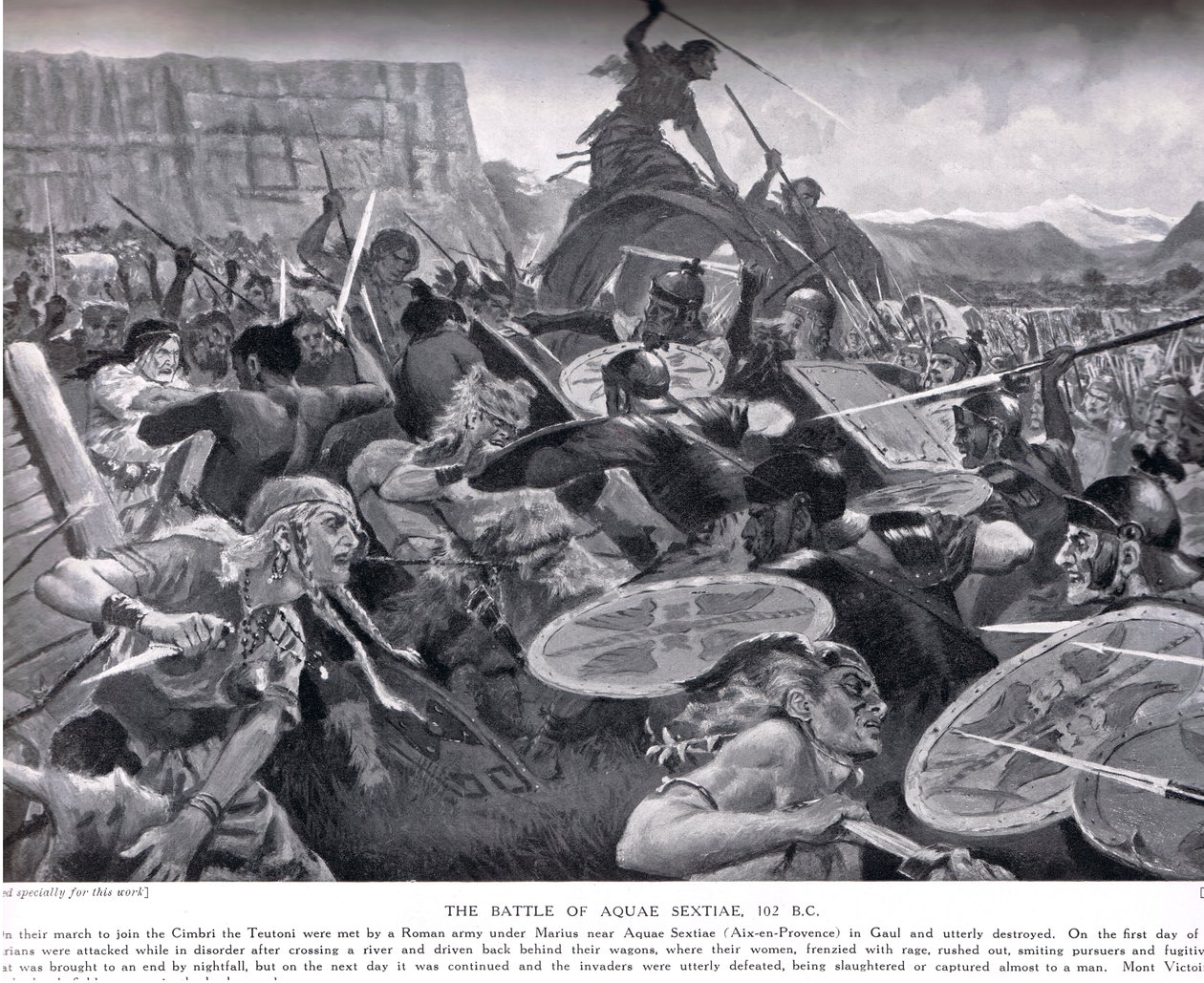 Bitva u Aquae Sextiae, 102 př. n. l., ilustrace z „Hutchinsonových dějin národů“, počátek 20. století od John Harris Valda
