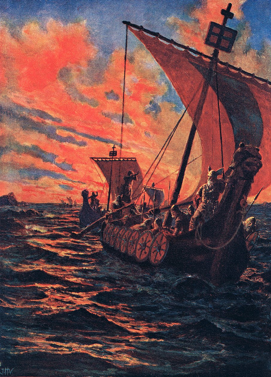 Návrat Vikingů, ilustrace z „Hutchinsonových dějin národů“, počátek 20. století od John Harris Valda