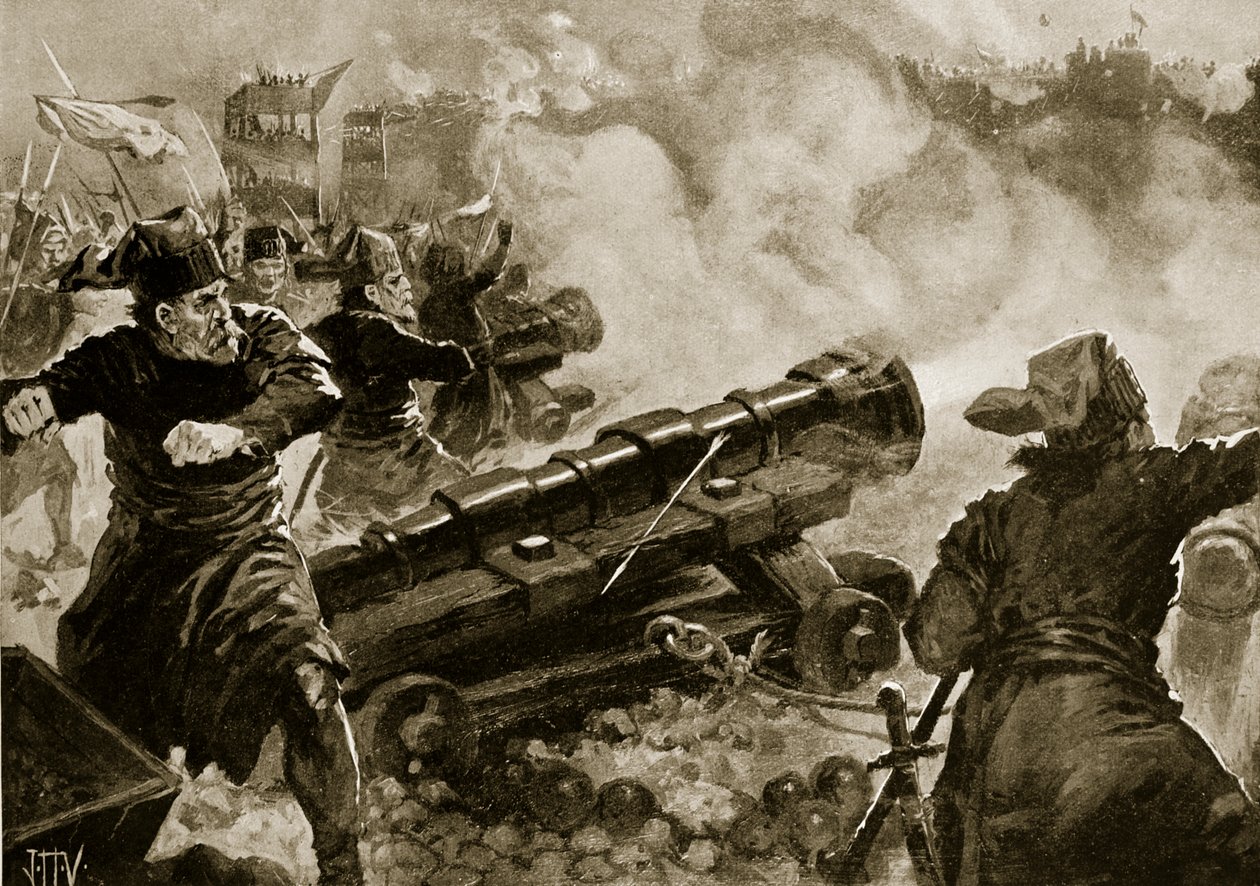 Obléhání Konstantinopole Turky, ilustrace z „Hutchinsonových dějin národů“, kolem roku 1915 od John Harris Valda