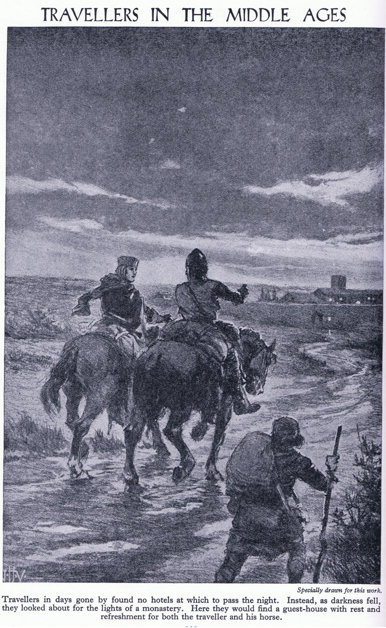 Cestovatelé ve středověku. Když padla tma, cestovatelé hledali světla kláštera, kolem roku 1950 od John Harris Valda