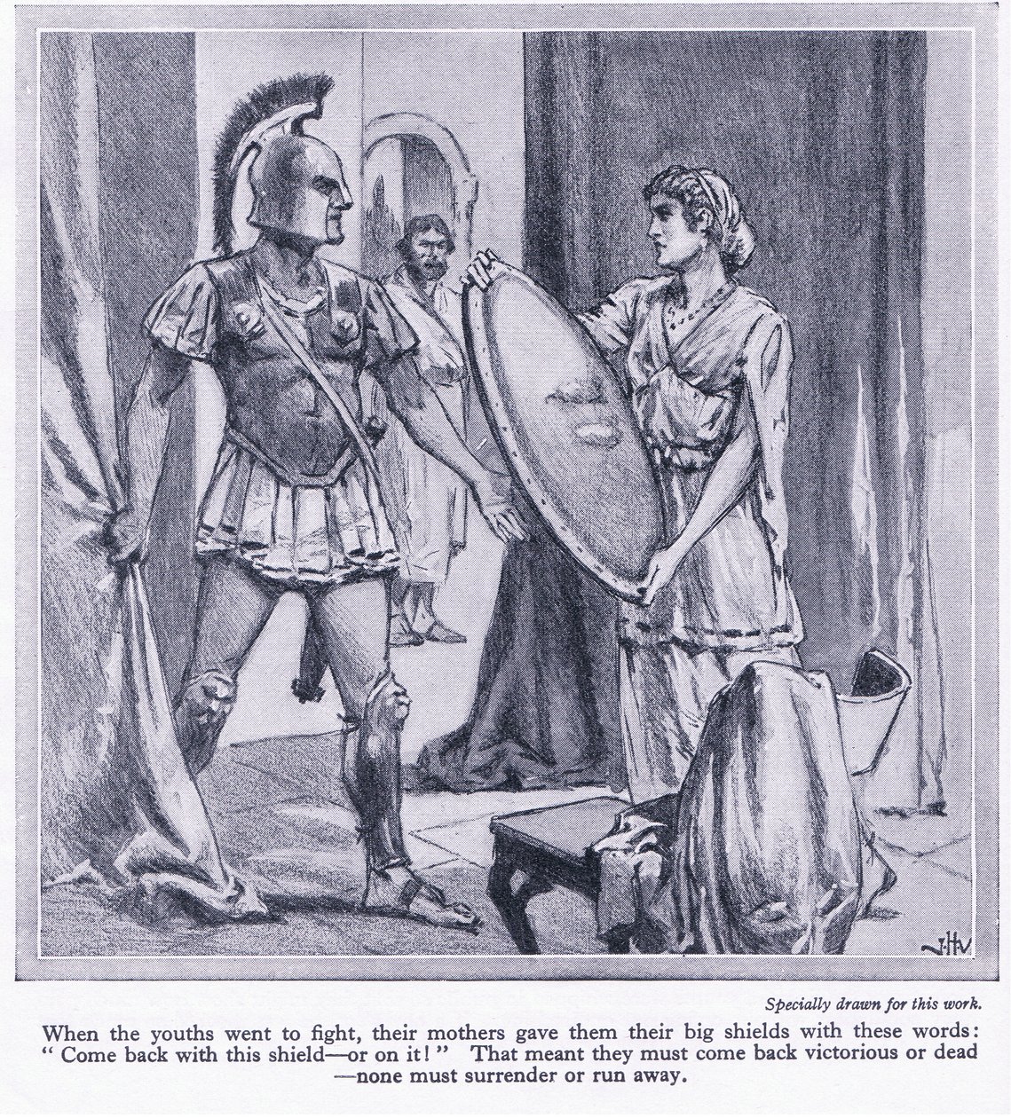 Když spartští mladíci odcházeli do boje, jejich matky jim dávaly velké štíty se slovy: "Vrať se s tímto štítem nebo na něm", cca 1950. od John Harris Valda