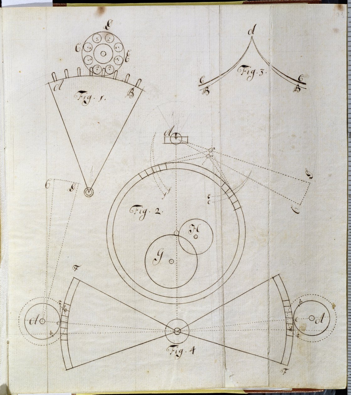 Schéma pohybů časoměřiče (pero a inkoust na papíře) od John Harrison