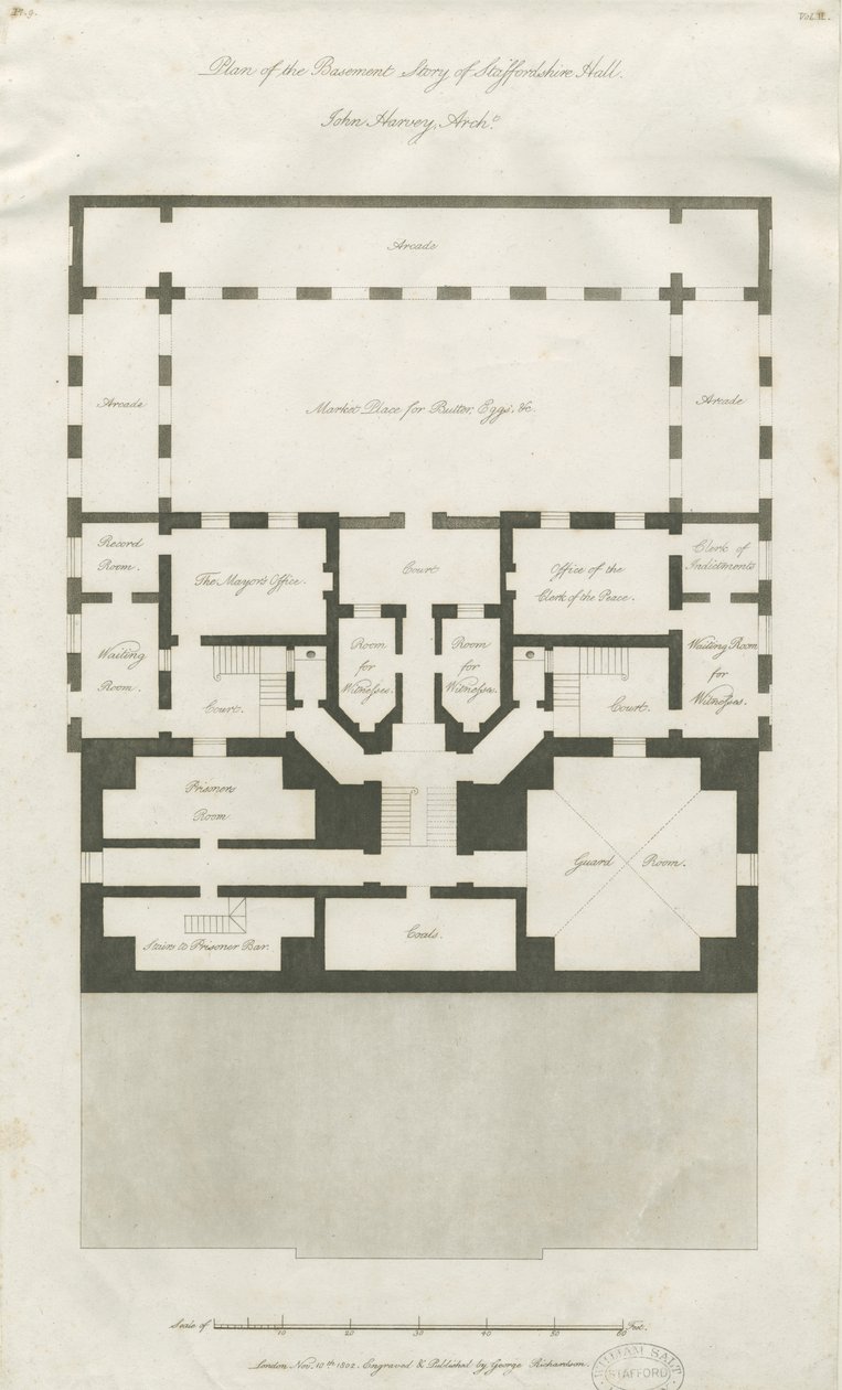 Stafford - Plán suterénu Příběh Shire Hall: rytina, nd [1794-1798] (tisk) od John Harvey