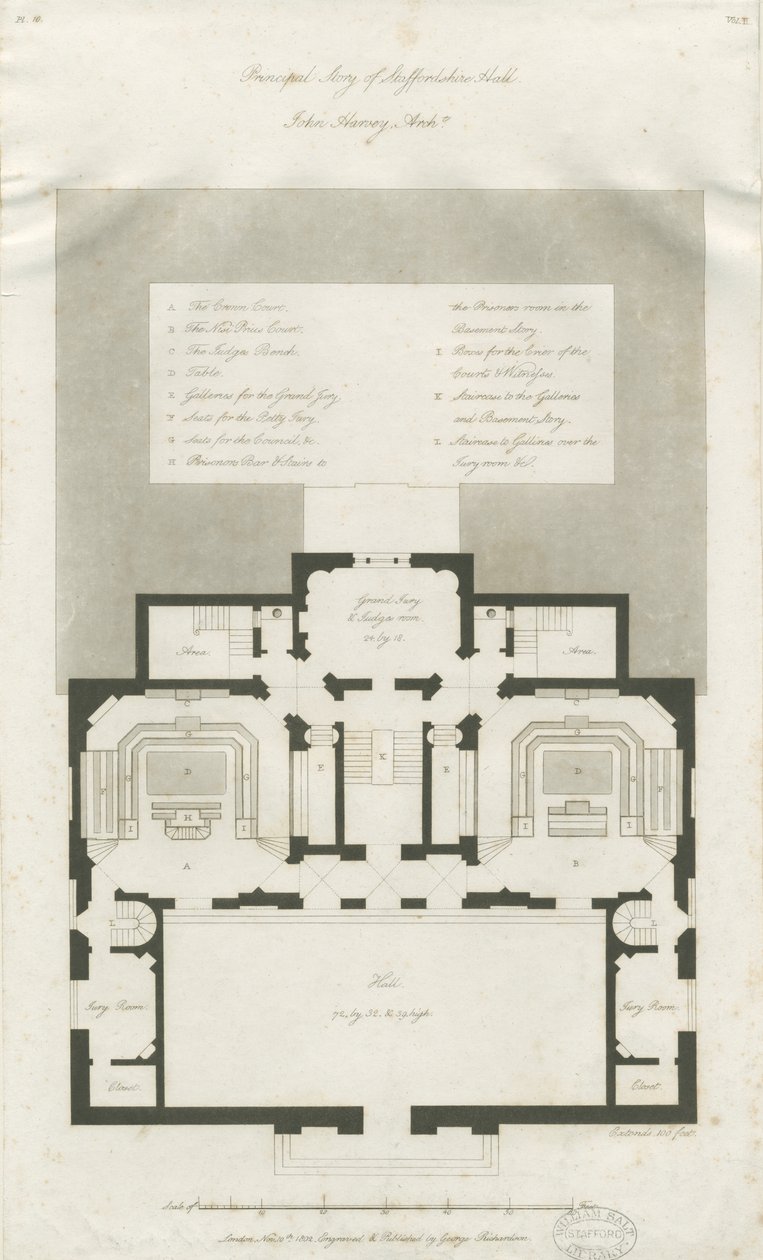 Stafford - Plán hlavního podlaží Shire Hall: rytina, nd [1794-1798] (tisk) od John Harvey