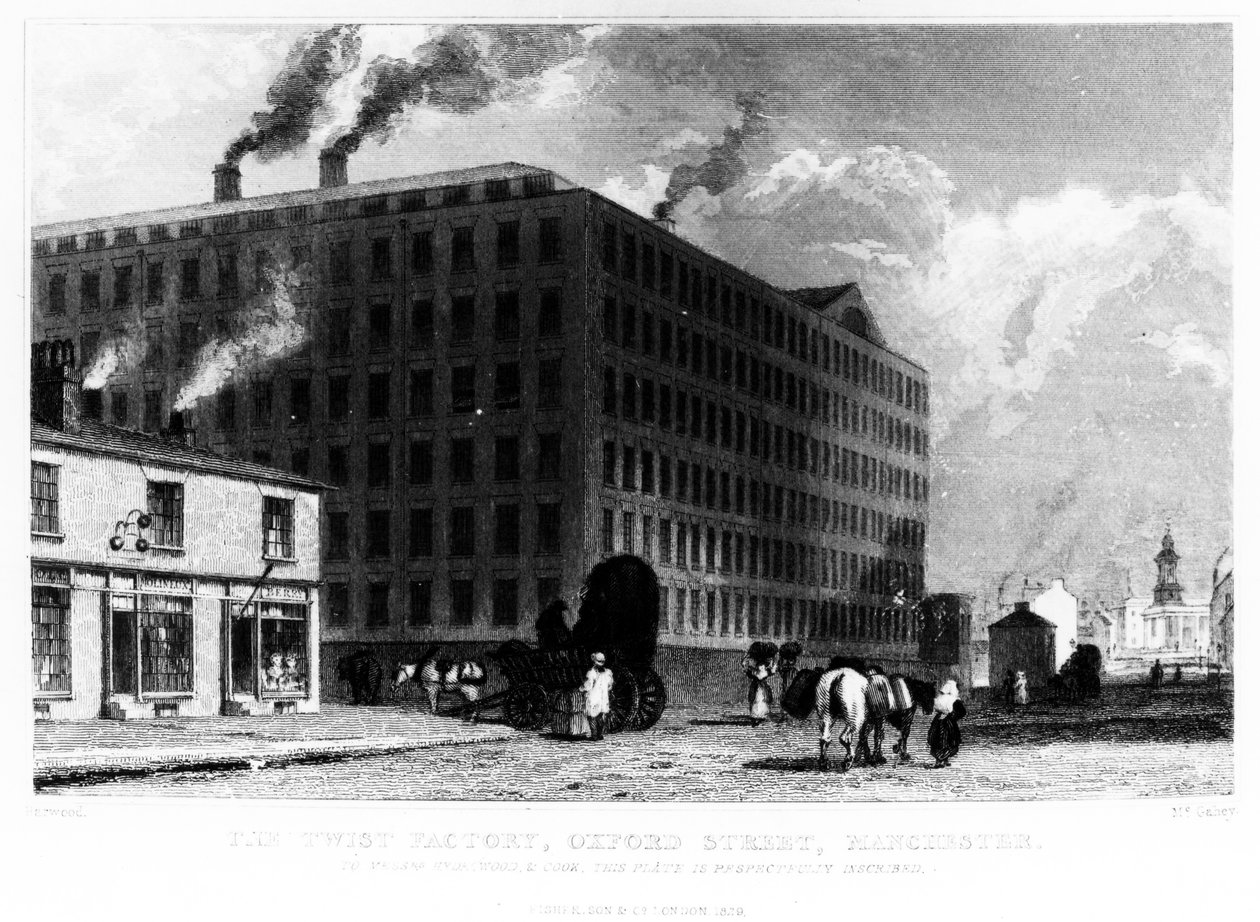 Továrna Twist, Oxford Street, Manchester, vyryl John McGahey, 1829 od John Harwood