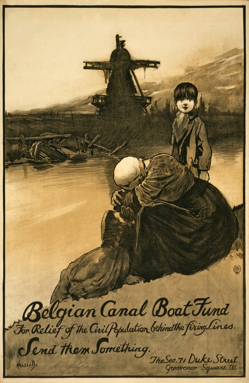 Fundraisingová kampaň pro belgický fond Canal Boat Fund, hospoda. 1914-18 (barevné lito) od John Hassall