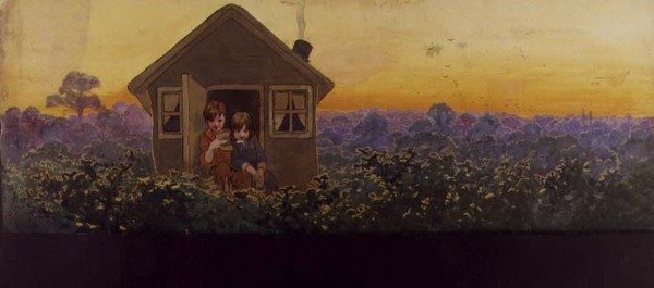 Vrcholky stromů při západu slunce o rok později: Peter v domku s Wendy na její každoroční návštěvě jarního úklidu, ilustrace k 