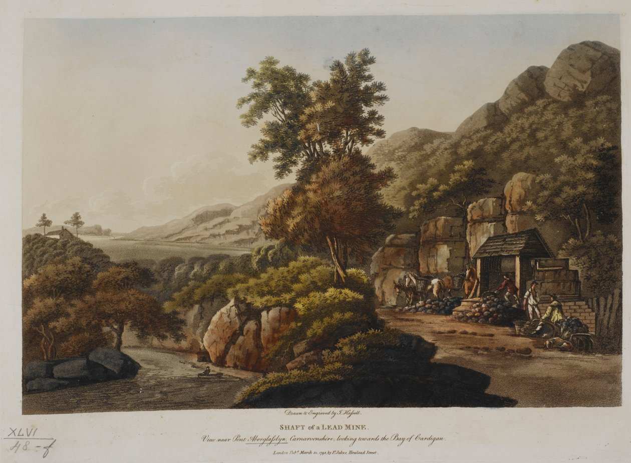 Hřídel olověného dolu. Pohled poblíž Pont Aberglaslyn, Carnarvonshire, při pohledu na zátoku Cardigan, publikoval v roce 1798 (barevná rytina) od John Hassell
