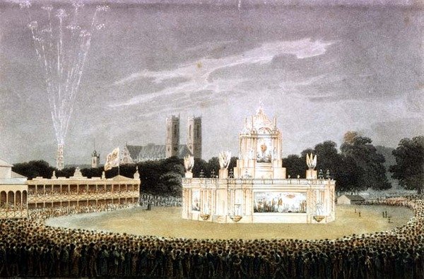 Ohňostroj pořádaný v Green Parku na oslavu porážky Napoleona, vyrytý hospodou Matthew Dubourg. 1814 (rytina) od John Heaviside (after) Clark