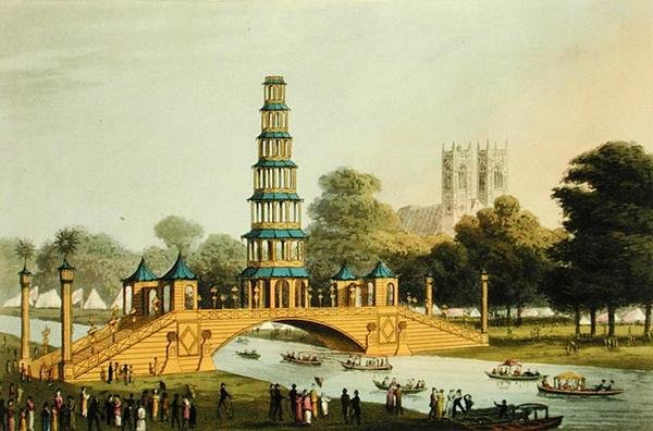 Čínský most a pagoda, vztyčené v parku na památku slavného míru z roku 1814, vyryl Matthew Dubourg (fl.1785-20) od John Heaviside (after) Clark