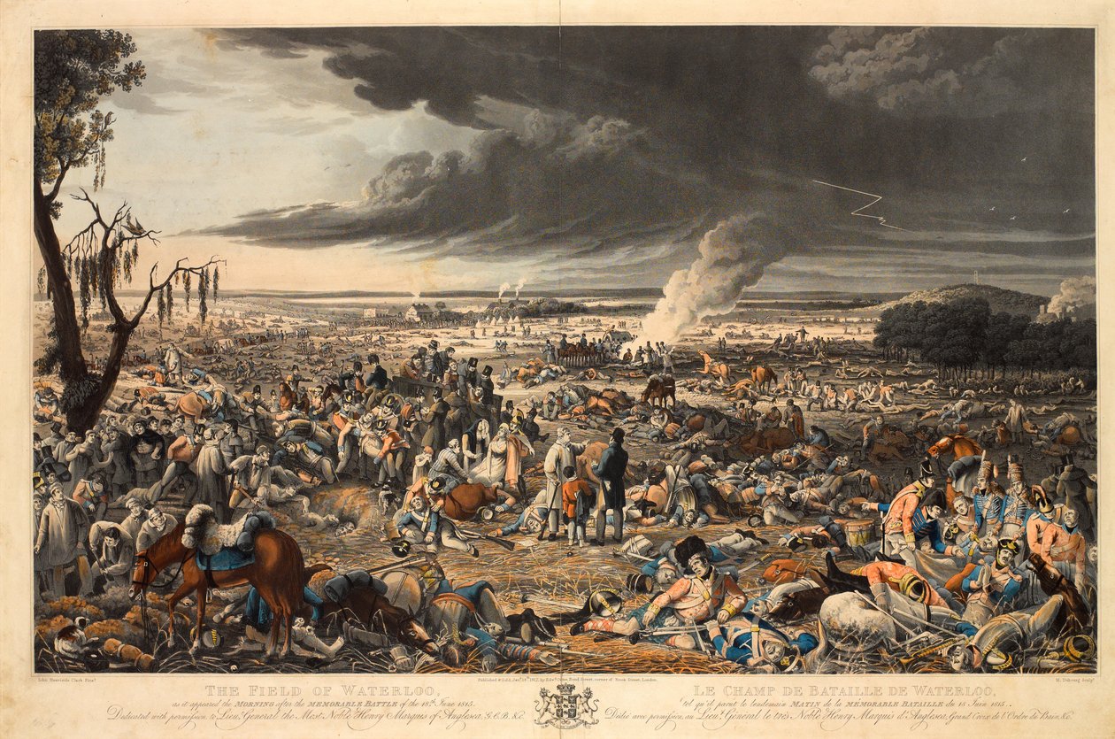 „Pole Waterloo, jak se jevilo ráno po památné bitvě 18. června 1815“ (akvatinta, barevně) od John Heaviside (after) Clark