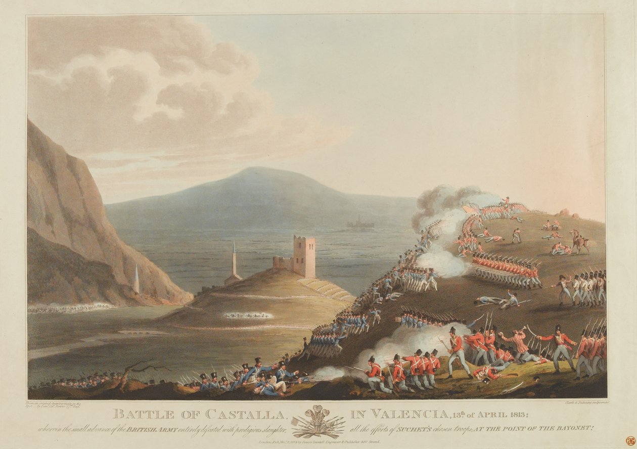 Bitva u Castally ve Valencii, 13. dubna 1813, vyryto Dubourgem, 1814 (barevná akvatinta) od John Heaviside Clark