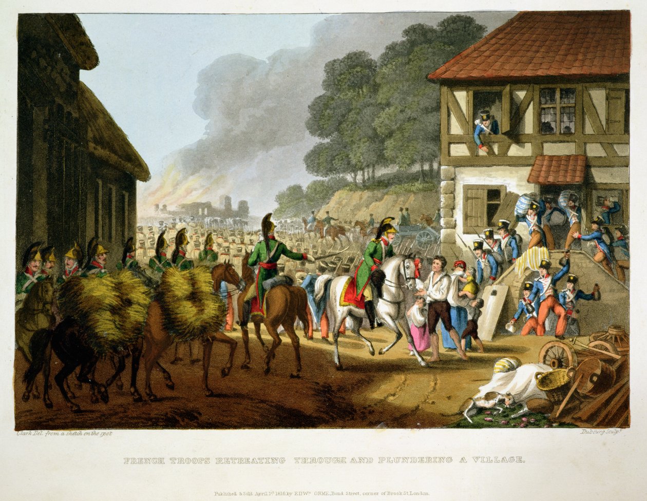 Francouzské vojsko ustupuje a drancuje vesnici, vyryl Matthew Dubourg (fl.1813-20) z knihy "Historic, Military and Naval Anecdotes", vyd. Edward Orme (1774-c.1820) 1816 (akvatinta) od John Heaviside Clark