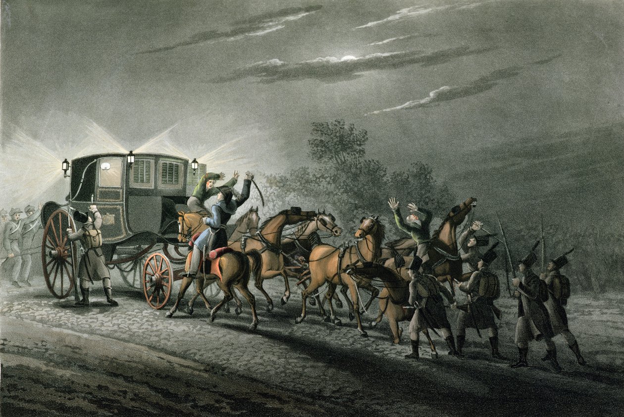 Zajetí Bonapartova kočáru, papíru a pokladu majorem von Kellerem, Waterloo, 18. června 1815, vyryl Matthew Dubourg (fl. 1813-20) od John Heaviside Clark