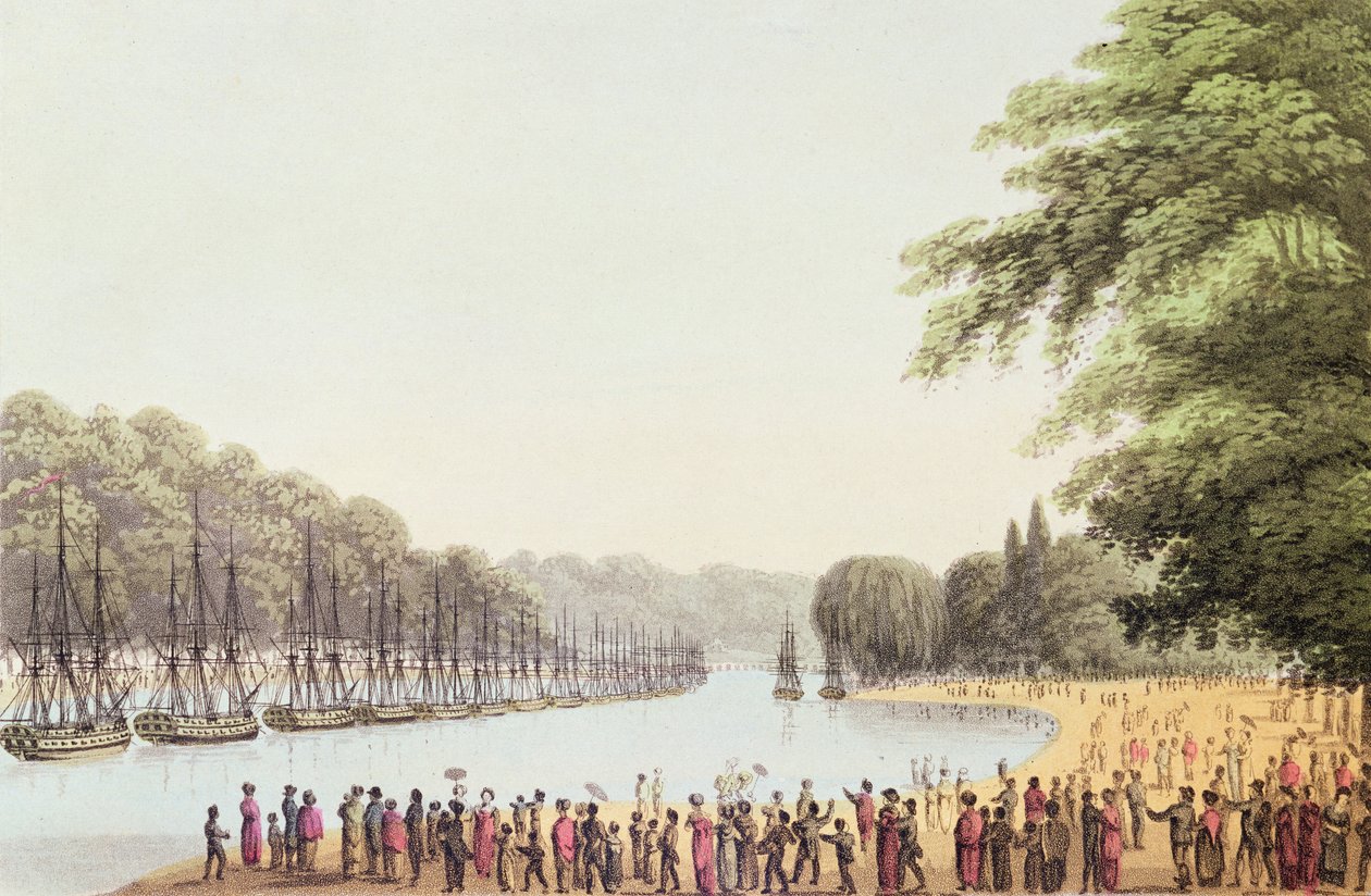 Flotila na řece Serpentine, vyryl Matthew Dubourg (fl.1813-20) 1814 od John Heaviside Clark