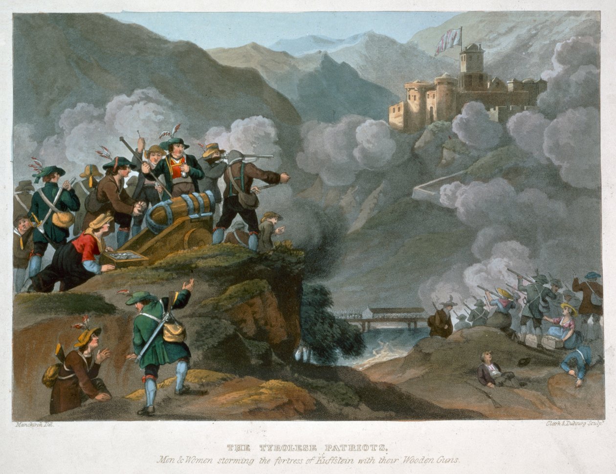 „Tyrolští patrioti útočí na pevnost Kuffstein se svými dřevěnými děly, 1816 od John Heaviside Clark