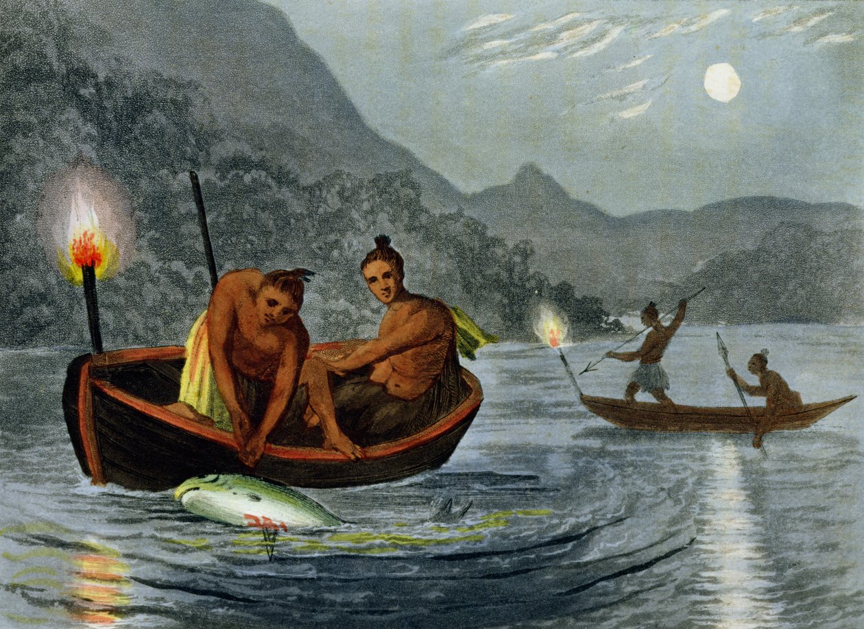 Torch Light Fishing in North America, rytina H. Merkeho (fl.cca 1800-20), vydal Edward Orme, 1813 od John Heaviside Clark