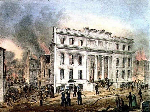 Ruiny Merchants Exchange New York, vyryté hospodou Nathaniel Currier (1813-88). od J. Disturnella a umělce od John Henry (after) Bufford