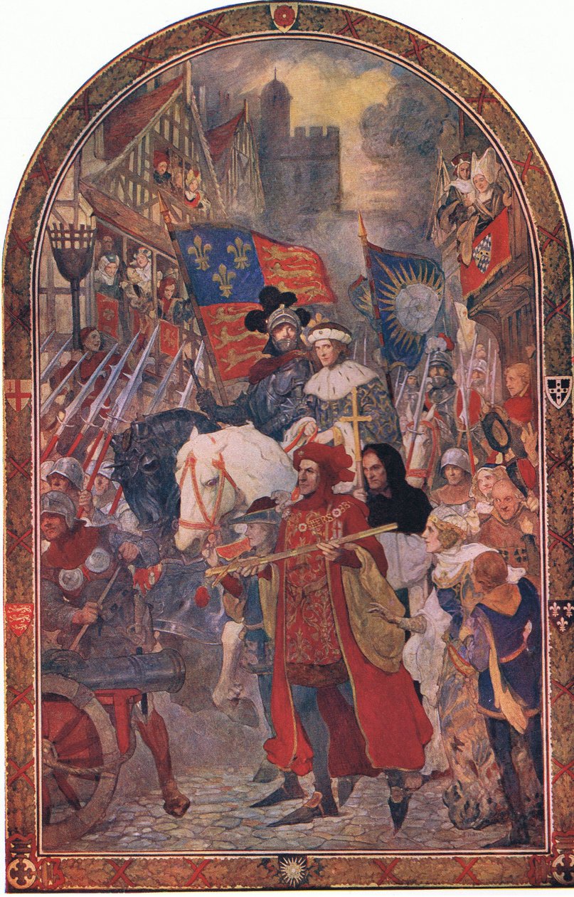 Jindřich VI. Bitva o Barnet 1471: Vycvičené skupiny pochodující na podporu Edwarda IV., z Cassells History of the British People vydané Waverley Book Company Limited, kolem roku 1940 (barevná lit. od John Henry Amshewitz