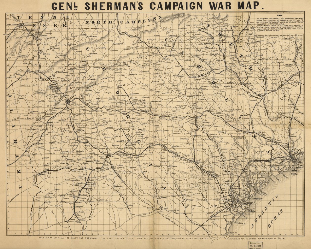 Válečná mapa kampaně generála Shermana. LOC 99447285 od John Henry Bufford