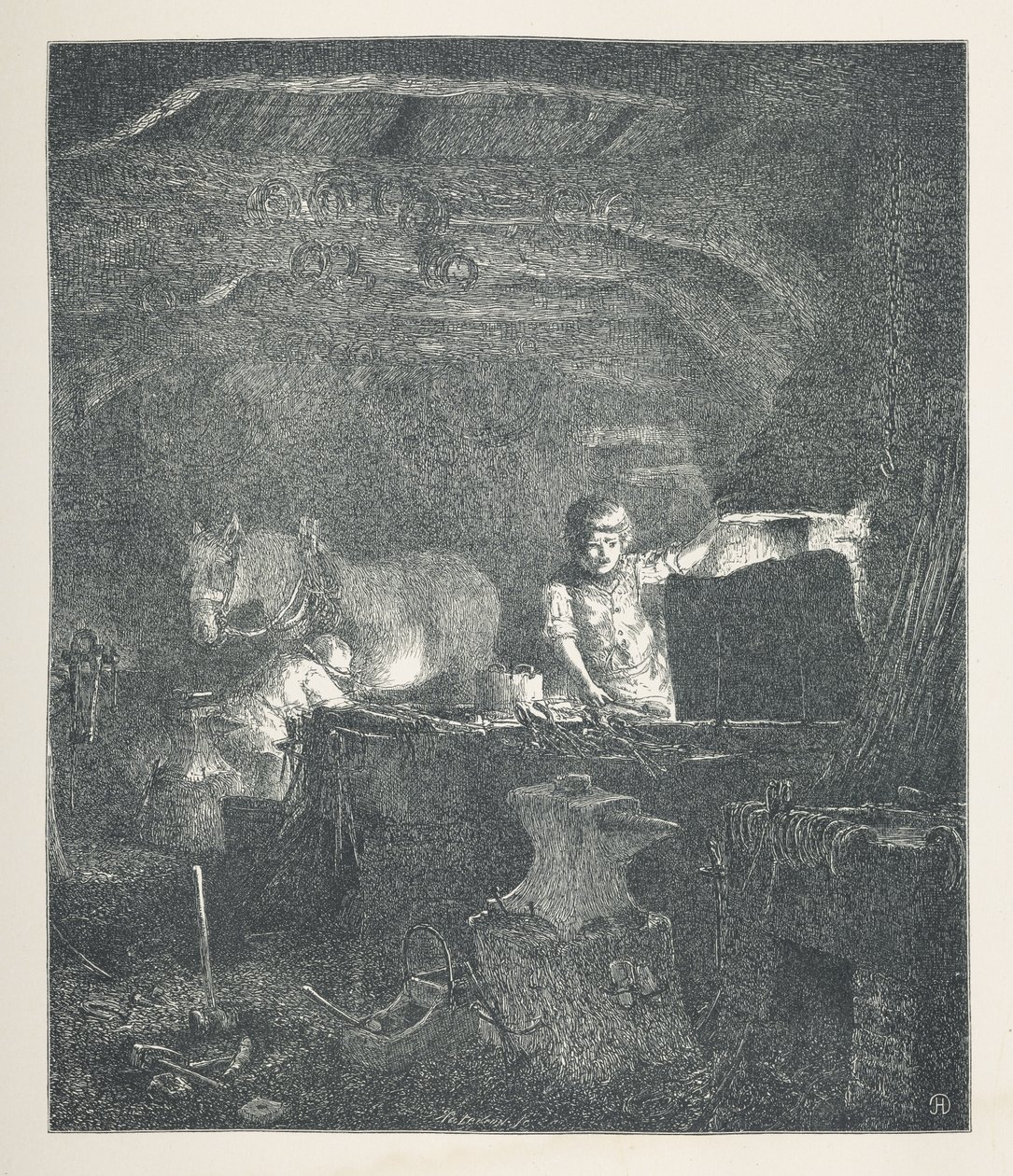 Talíř 13. Kovář.  Obrázky přírody. Série třiceti originálních ilustrací nakreslených na dřevě od J. H. Della a vyrytých R. Patersonem.  John Henry Dell od John Henry Dell
