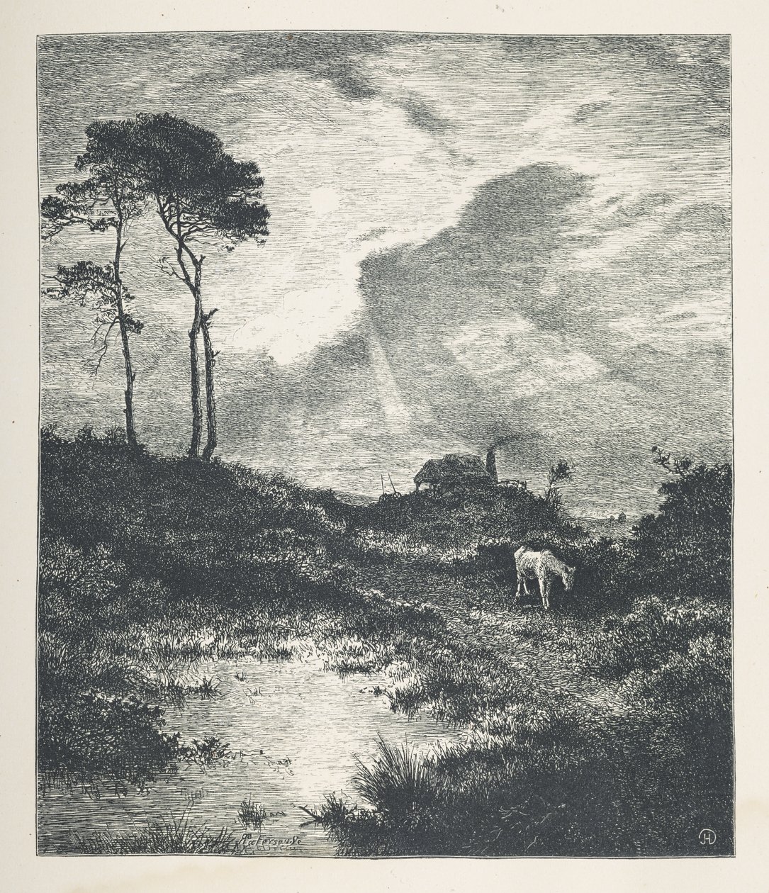 Deska 15. Pastýřská scéna.  Obrázky přírody. Série třiceti originálních ilustrací nakreslených na dřevě od J. H. Della a vyrytých R. Patersonem.  John Henry Dell od John Henry Dell