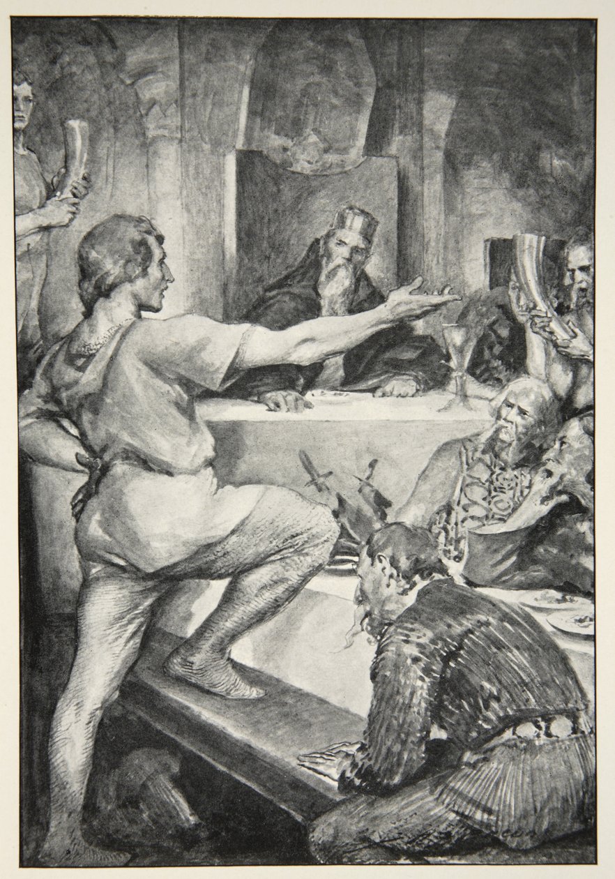 Beowulf povýšeně odpovídá Hunferthovi, z knihy M.I. Ebbutta "Hero Myths and Legends of the British Race", 1910. od John Henry Frederick Bacon