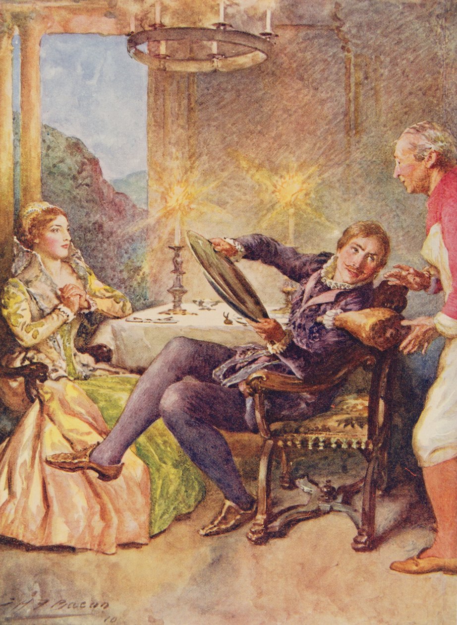Katharina a Petruchio v hospodě Zkrocení zlé ženy z dětských příběhů ze Shakespeara od Edith Nesbitové (1858-1924). od Raphael Tuck & Sons Ltd., Londýn (knižní ilustrace) od John Henry Frederick Bacon
