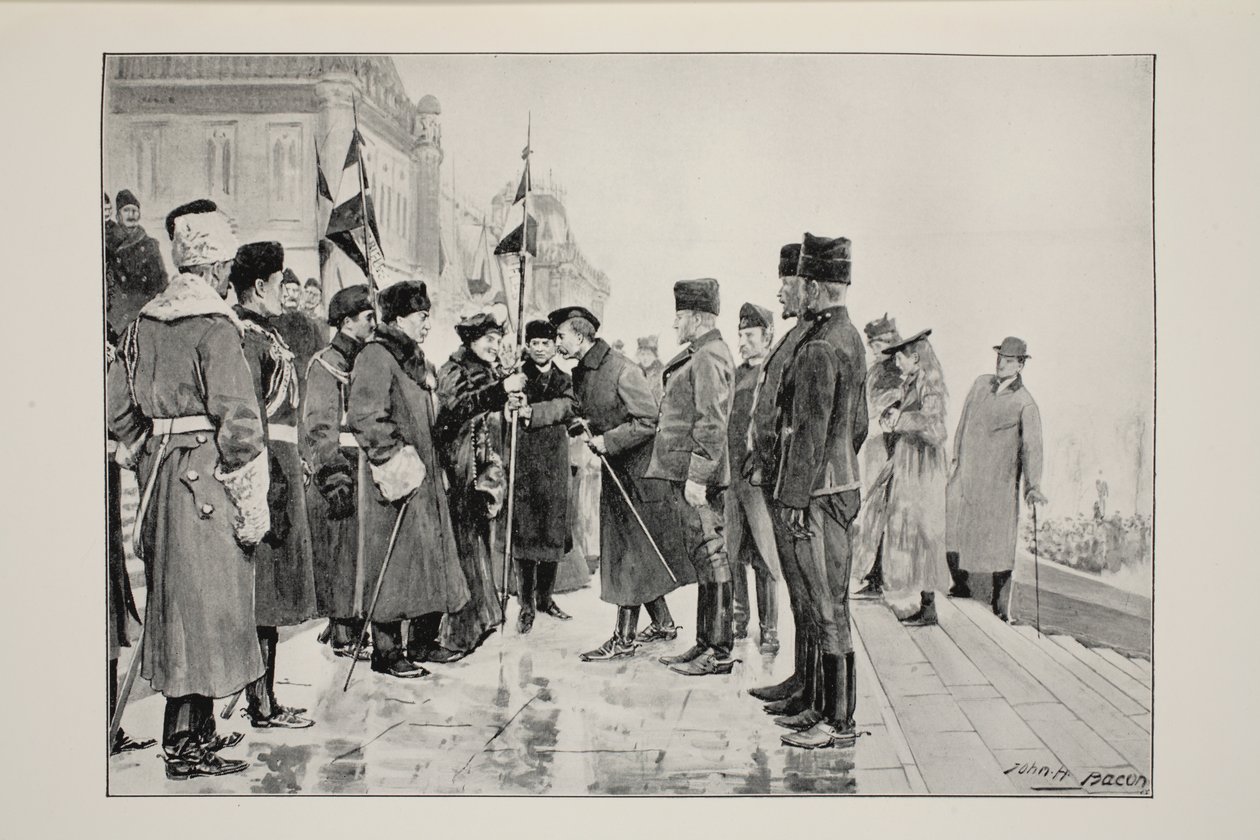 Lady Minto představuje barvy Herchmerovu koni při odjezdu z Ottawy, 19. ledna 1900, z fotografie J. C. Hemmenta od John Henry Frederick Bacon